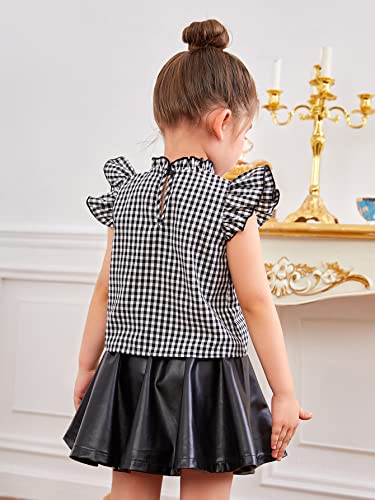 Image of WDIRARA Toddler Girl's 2 Piece Outfits Plaid Mock Neck Cap Sleeve Top and PU Leather Skirt Set