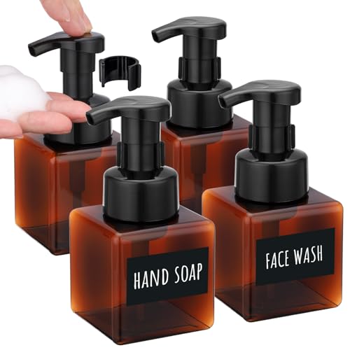 Image of Segbeauty 8.5oz Empty Amber Foaming Soap Dispenser with Labels, 4pcs Shampoo Face Wash Bottles with Foaming Pump, 250ml Square Bathroom Kitchen Foam Liquid Containers, Plastic Hand Soap Dispensers