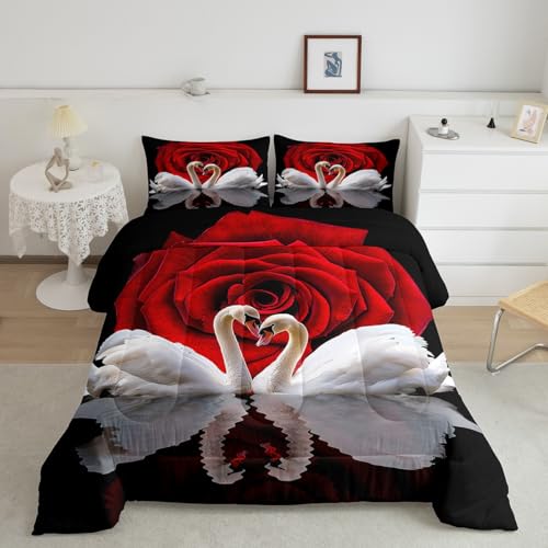 Erosebridal Red Rose Comforter Set Black and White Swan Duvet Insert King Size,Birds Bedding Set,Romantic Flower Bedding Stuffing Wild Animals Bedroom Decor for Girls Woman Lady Wedding Deco