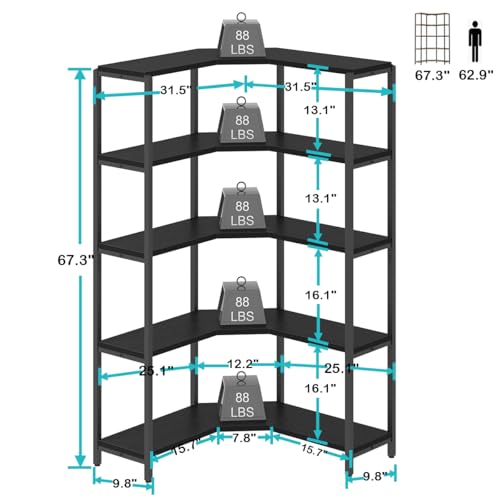 IBF 5 Tier Black Corner Bookshelf, Tall Modern L Shaped Book Shelf Storage Organizer, Large Industrial Wood Metal Wide Open Bookshelves, Farmhouse Heavy Duty 5 Shelf Bookcase Etagere in Bedroom Office