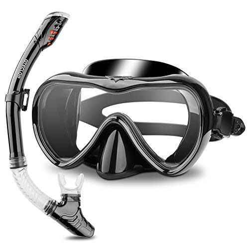 Snorkel Mask Set Snorkeling Gear – Dry Snorkel Set and Mask Kids Adults Anti Fog 180 Degree Seaview with Mesh Bag, Scuba Diving Swimming Training Equipment Youth Junior Men Womens (Black, Adults)