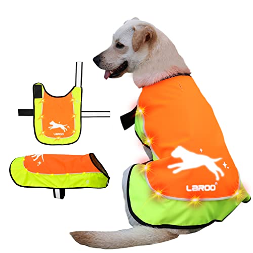 LaRoo Hunderegenmantel, Leuchtendes LED Wasserdicht Winter Reflektierende Regenmantel für Hunde mit Bauchschutz,USB Wiederaufladbarem Sicherheitsweste für Kleine Grosse Hunde(M,Fluoreszierende Orange) Cover