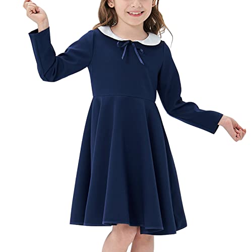 Hcabl Girl'S Short And Long Sleeve Casual Vintage Peter Pan Collar Fit And Flare Skater Party Dress 2-12 Years Dark Blue cover