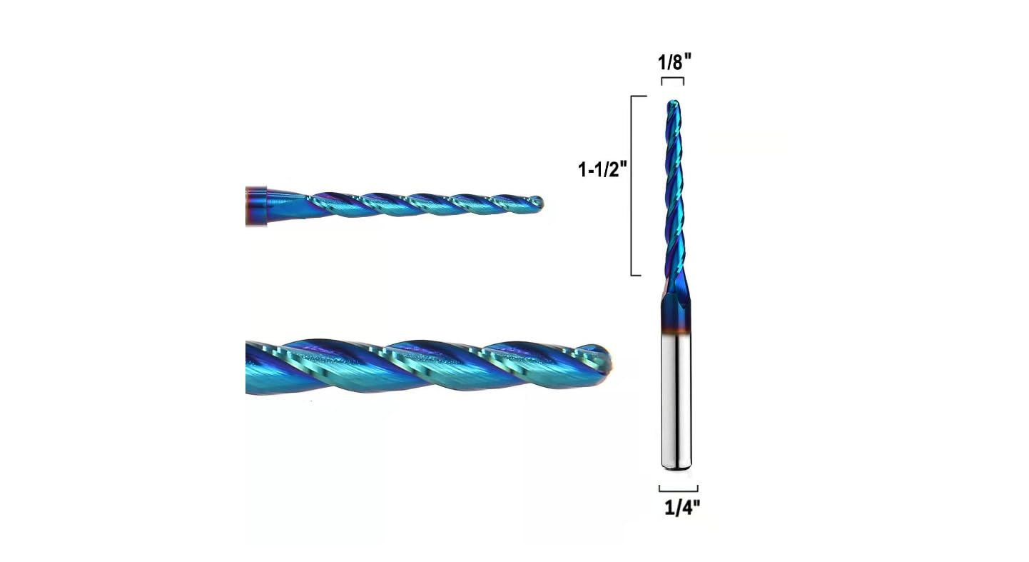 2PCS Ball Nose 1 Degree End Mill Cutter CNC Router Bits Spiral Milling Tool with Nano Blue Coating 1/8 Cutting Diameter 1/4 Inch Shank 3 Inch Overall Length STQ355
