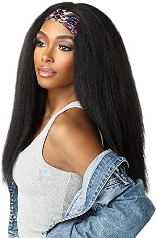 Aminow Kinky Straight Headband Wig, Soft & Natural as Human Hair, Wear and Go Glueless Wigs for Black Women, Long Black Italian Yaki Synthetic Half Wig 20 Inch