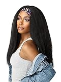 Aminow Kinky Straight Headband Wig, Soft & Natural as Human Hair, Glueless Headband Wigs for Black Women, Long Black Italian Yaki Synthetic Half Wig (1B Natural Black, 20 Inch)