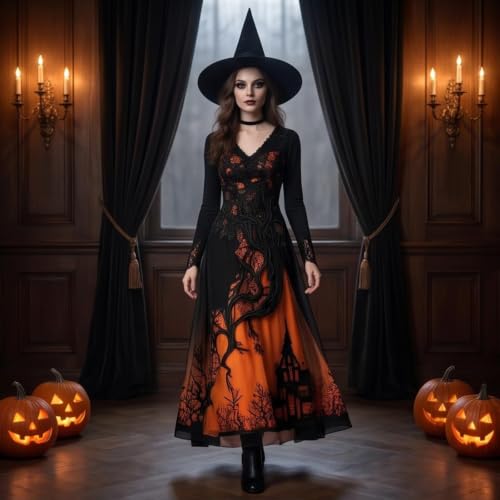 Womens Witch Halloween Costumes Gothic Print Long Sleeve Maxi Dress Orange - image 2