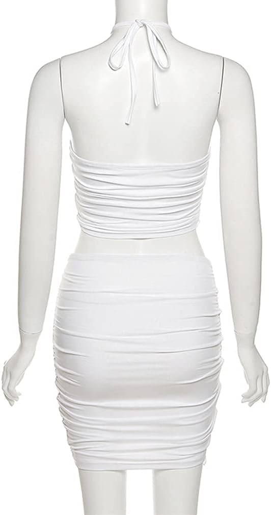 SHESEEWORLD Women's Sexy Hollow Out 2 Piece Outfits Halter Neck Sleeveless Crop Top and Drawstring Ruched Bodycon Skirt Sets - Image 7