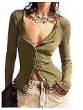 MakeMeChic Women's Tiered Long Sleeve Blouse Scoop Neck Button Down Knit Fitted Tops Olive Green Large