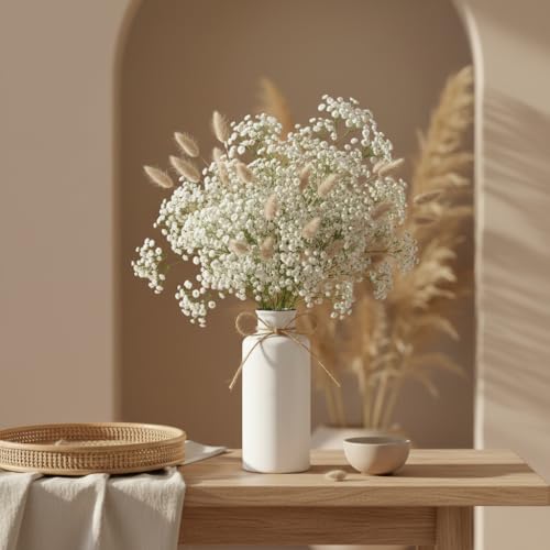 Image of PUREZENTO White Vintage Roman Bottle Vase - 7.4 Inch (Pack of 1) | Decorative Bottle Shape Vase with Twine Bow for Rustic, Farmhouse & Home Decor | Vases for Living Room, Dining Table & Office Styling