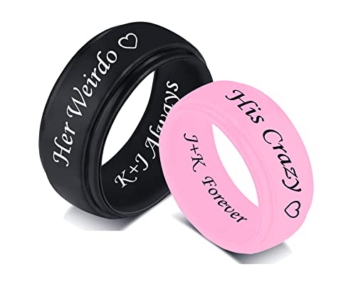 Her Weirdo & His Crazy Silicone Couple Rings 8MM Breathable Rubber Step Edge Comfort Fit Rings Wedding Band Promise for Him Her,Black & Light Pink