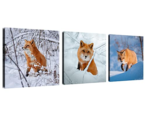 Red Fox Canvas Wall Art Wildlife Decor Fox Hunting In The Snow Pictures On Canvas Wall Art For Home Office Decorations Living Room Bedroom And Kitchen Decor 3 Pcs Framed Canvas Prints 12X12Inches #TOP9