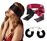 Generic Sexy Plush Toy Handcuffs with Keys and Satin Bandage Blindfold Eye Mask Party Supplies for Lover Couple (Black)