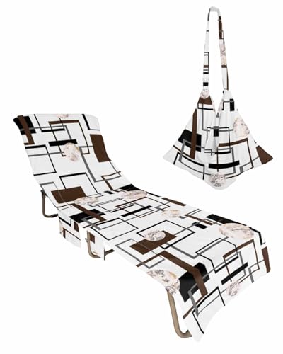 Brown Geometric Beach Lounge Chair Towel Cover, Soft Chaise Lounge Towel with Side Pockets Patio Pool Chairs Cover for Beach/Pool Sunbathing 29x85 Black Grey Modern Abstract Art Marble