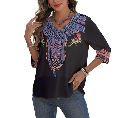 Mexican Embroidered Tops for Women Boho Chic Short Sleeve V Neck Blouse 3/4 Sleeve Floral Casual Summer T-Shirt