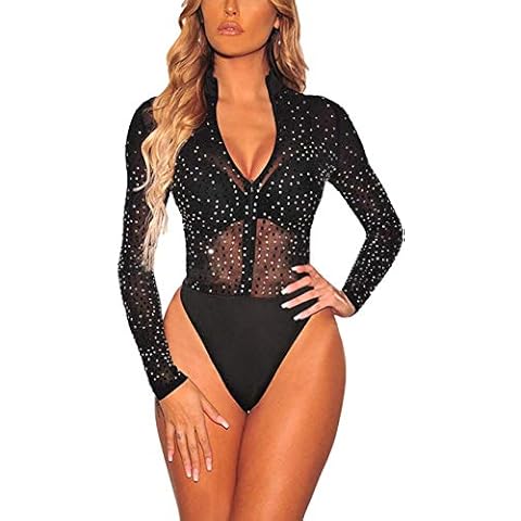 MAYFASEY Women's Sheer Mesh See Through Bodysuit Sexy Party Leotard Bodysuits Club Night Out Body Tops Cover