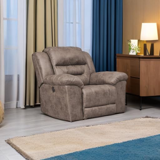 Image of Signature Design by Ashley Stoneland Modern Power Recliner with Gentle Rocking Motion, One-Touch Power Control, Faux Leather, 20.5 inch Seat Height, Brown