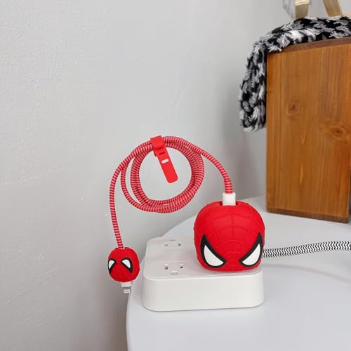 Image of Meyaar Silicone Protective Case for Apple 20W & 18W iPhone USB-C Power Adapter Charger and for USB Lightning Cable, 3D Cartoon Case for iPhone Charger 18W /20W Only (Spider-Man (Red))