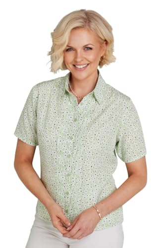 Image of Chums Ladies Short Sleeve Pintuck Printed Blouse with Pointed Collar Top and Pintuck Front Detail for Women Soft Green