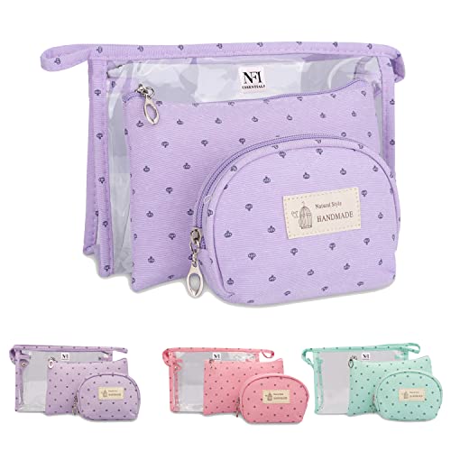 NFI essentials 3 Pc Cosmetic Pouch Makeup Pouch Vanity Pouch Travel Organizer Toiletry Pouch for Women Zippered Pouch Set, Large, Medium, Small Makeup Bag (Purple)