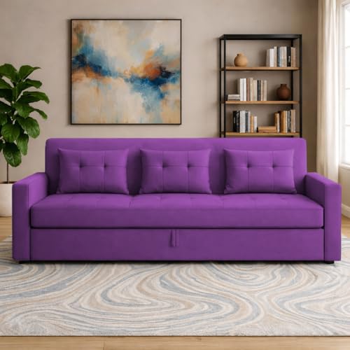 Image of Emilio 3 Seater Pull-Out Sofa Cum Bed (Purple Color) Premium Fabric Sofa Set for Living Room | Bedroom