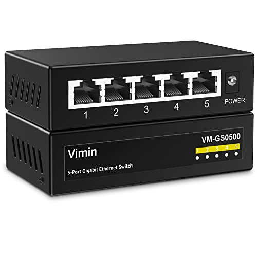 VIMIN 5-Port Gigabit Ethernet Switch, 5 Port 10/100/1000Mbps Network Ethernet Switch, 5-Port Ethernet Splitter Unmanaged, Metal Case, Mini Body, Fanless, Plug and Play, Wall-Mounted