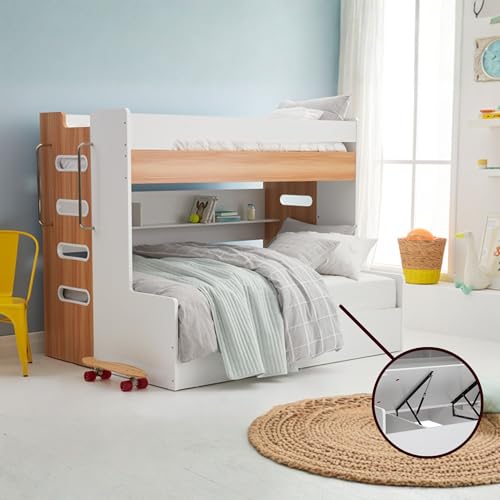 Loft Bed with Ladder, Kids Bed Frame with Gas Lift Storage, MDF Shelf Bunk Bed, White Oak,196x144.5x190.5cm, Single Double Bed