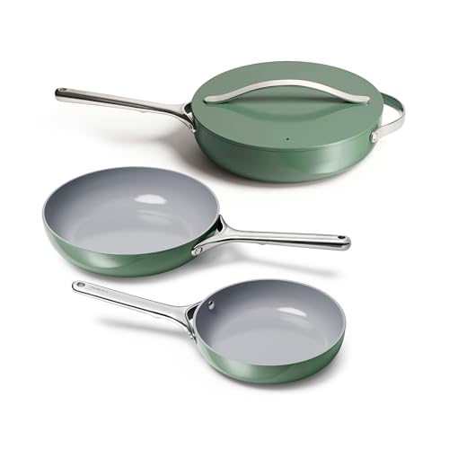 Caraway 4-Piece Fry Pan Set - Non-Stick Frying Pans (10.5” & 8”) & Non-Stick Sauté Pan - Non Toxic, PTFE & PFOA Free - Oven Safe & Compatible with All Stovetops (Gas, Electric & Induction) - Sage