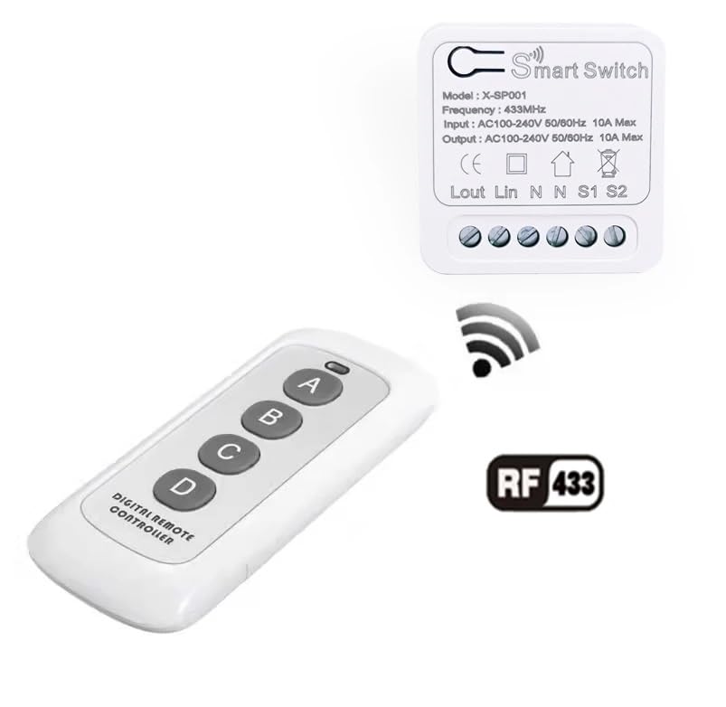 Image of ROBOWAY 433MHz Wireless Remote Control Switch Mini Receiver Built-in Learning Code 1527 Decoding 4 Channel Output with 656 FT Long-Distance Remote Control 4-Button Transmitter White