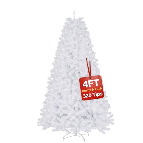 4ft White Artificial Christmas Tree – Premium Bushy Xmas Tree with 320 Branch Tips, Full Dense Fake Silver Pine Tree Easy to Assemble, Indoor Holiday Decoration with Metal Stand option