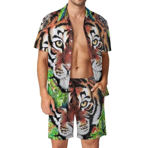 Ensemble chemise hawaïenne hommes imprimé feuilles exotiques vêtement de plage 2 pièces