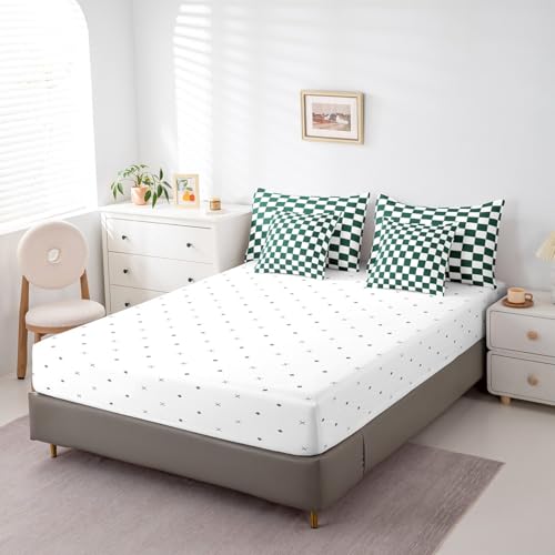Image of Erosebridal Aesthetic Checkered Twin Bed in A Bag 7 Piece White Green Checkerboard Bedding Set,Buffalo Plaid Grid Comforter Set with Sheets for Kids Teen Adults Geometric Gingham Bed Set