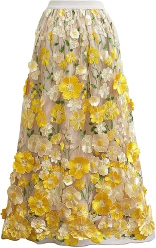 Women's Elegant 3D Floral Embroidery Maxi Skirt A Line Floral Applique Swing Midi Skirt Elastic High Waist Mesh Party Dress3