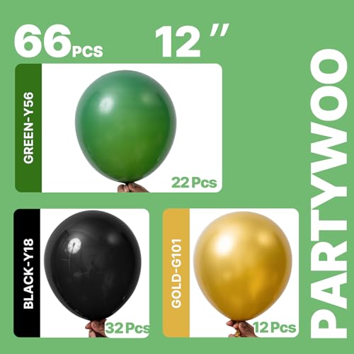 Image of PartyWoo Black Gold and Green Balloons 66pcs 12 Inch Black Gold Green Balloons for Graduation Baby Shower Birthday New Year's Eve Anniversary Bachelorette Retirement Engagement Party Decorations