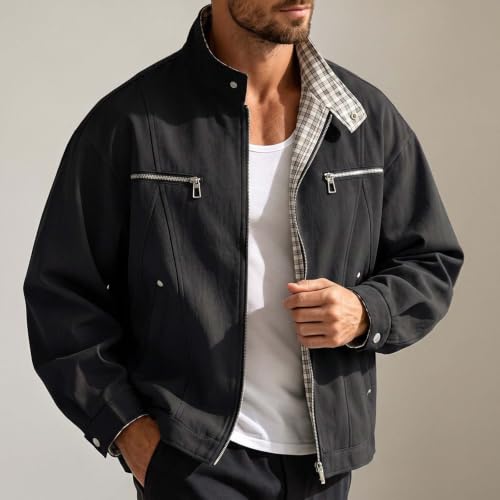 TERGHTP Mens Bomber Jacket Stand Collar Plaid Contrast Casual Jacket - image 3