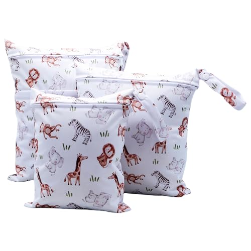 Asenappy 3pcs Cloth Diaper Wet Dry Bags Waterproof Reusable with Two Zippered Pockets Travel Beach Pool Daycare Soiled Baby Items Yoga Gym Bag for Swimsuits or Wet Clothes (3036-3-smalllion)