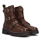 98312 Botines para mujer con suela de plataforma, adornado con multiples tiras decorativas con hebillas y tachuelas metalicas, con cierre de cremallera. Ideal para Otono Invierno. Marron Talla 36