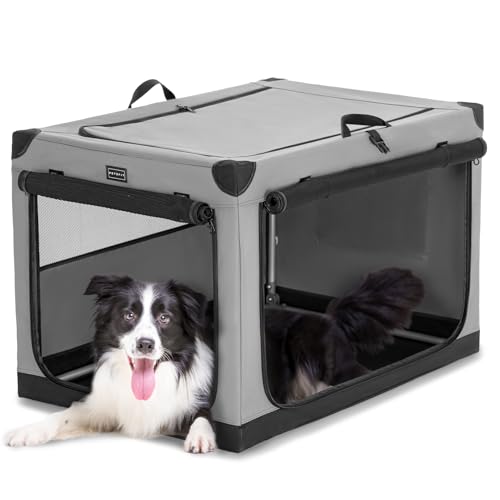 PETSFIT Soft Sided Dog Crate, with Patented Adjustable Fabric Cover, Chewproof & Lockable Mesh Doors, Waterproof Base Kennel Indoor Grey 36 Inch