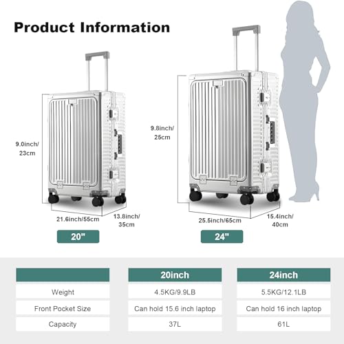Gets All Aluminum Carry on Luggage Airline Approved,20 Inch Hardshell Spinner Luggage With Cup Holder and USB Charger,TSA Lock,Front Pocket Durable Suitcase for Women Men-Silver,22x14x93