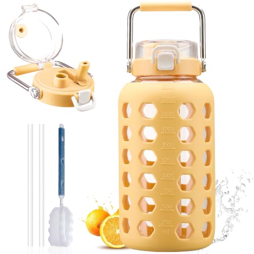 Image of MUKOKO 84 oz Glass Water Bottle, Stainless Steel Handle, Yellow