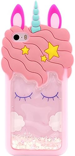MC Fashion iPhone SE Case, iPhone 5/5s Case, Cute 3D Pink Unicorn [Bling Quicksand Flowing Liquid Floating Glitter Stars], Shockproof and Protective Soft Silicone Case for Apple iPhone 5/5s/SE