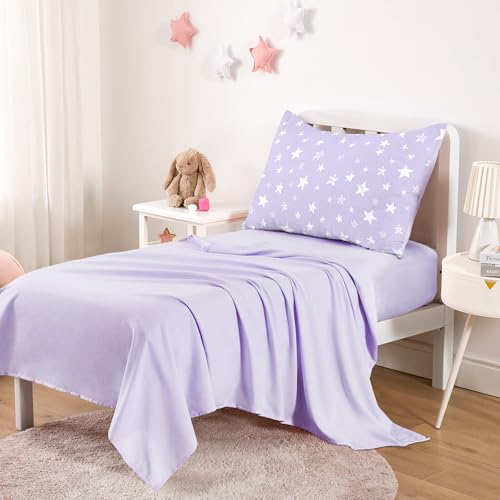 Image of Wake In Cloud - Toddler Bedding Set for Boys Girls, Cute Star Polka Dot, 4 Pieces Soft Crib Bed Set Including Comforter, Sheets and Pillowcase, Light Purple