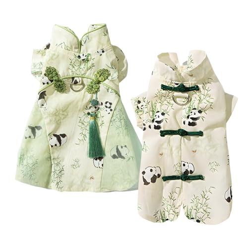 2PCS Panda and Bamboo Print Pet Outfit Set – Includes Female Dog Dress with Chinese Knot Tassel and Male Dog Shirt, Soft Cotton Pet Clothes with D-Ring for Small Dogs and Cats(2PCS A,Small)