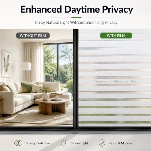 Image of Self Adhesive Window Privacy Film for Glass Windows & Doors | UV Blocking, Heat & Glare Reduction | Decorative Frosted Glass Film Easy to Apply (Frosted White Stripe, 24X100 Inch)