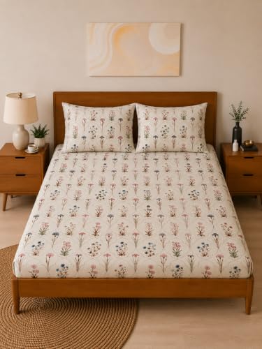 Image of 380 TC Premium Glace Cotton Elastic Fitted Bedsheet King Size with 2 Pillow Covers King Size | Double Bed with All Around Elastic (HALALUIA, Fitted - Double72x72)
