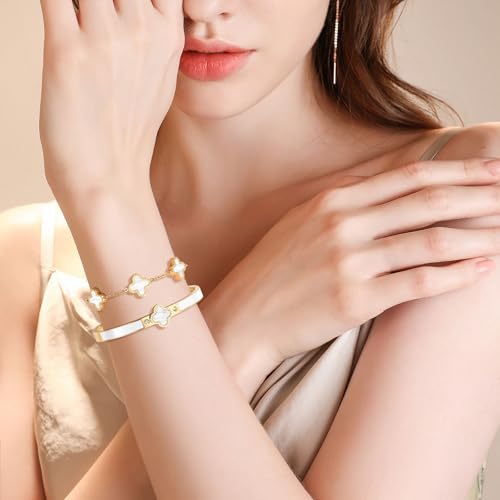 Clover Bracelet Set for Women – 18K Gold Plated Four Leaf Clover Bangle and Lucky Clover Bracelet Set - Lucky Clover Black/White Jewelry for Women2
