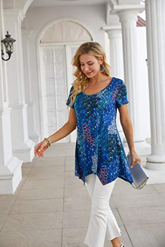 Nandashe Plus Size Flowy Tops For Women, Woman's Casual Round Collar Short Sleeves Floral Printed Drape Lightweight Cool Thin Fitting Swing Dressy Hem Hippie Long Tunic Shirts For Big Girls Aqua Xxl #TOP3