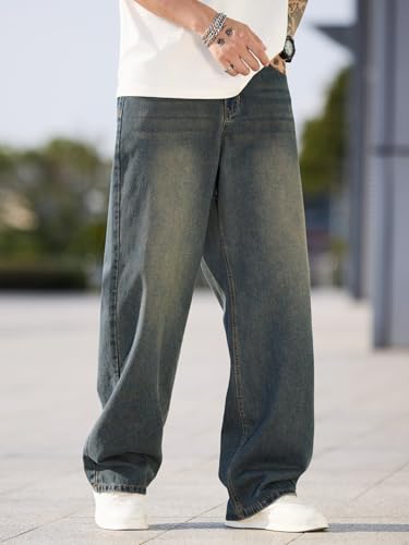 Image of DFGIGT Mens Baggy Jeans Wide Leg Denim Pants Y2k Loose Fit Streetwear | Hip Hop,Vintage 2000s,Jinco Jeans,Straight Leg,5 Pockets