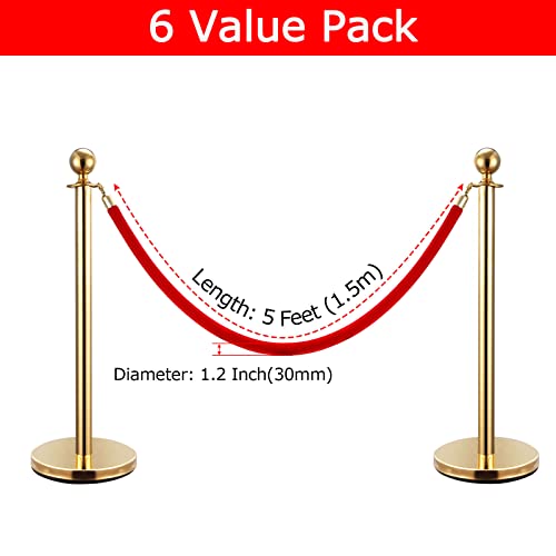 FVIEXE 6 Pack 5 Feet Red Velvet Stanchion Rope, Crowd Control Ropes with Gold Clasps, Foam Core Red Rope Queue Safety Sarriers Stanchion Post Rope for Party Event and Red Carpet - Thumbnail 2