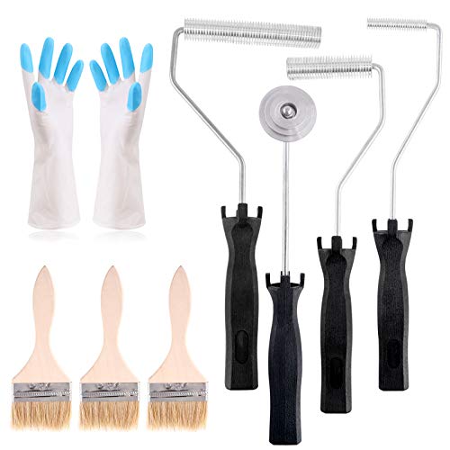 Swpeet 4 herramientas de rodillo de fibra de vidrio y 1 cepillo de detalle con 1 par de guantes, herramienta de paleta de burbujas de fibra de vidrio, kit de rodillo de pintura laminada para molde,